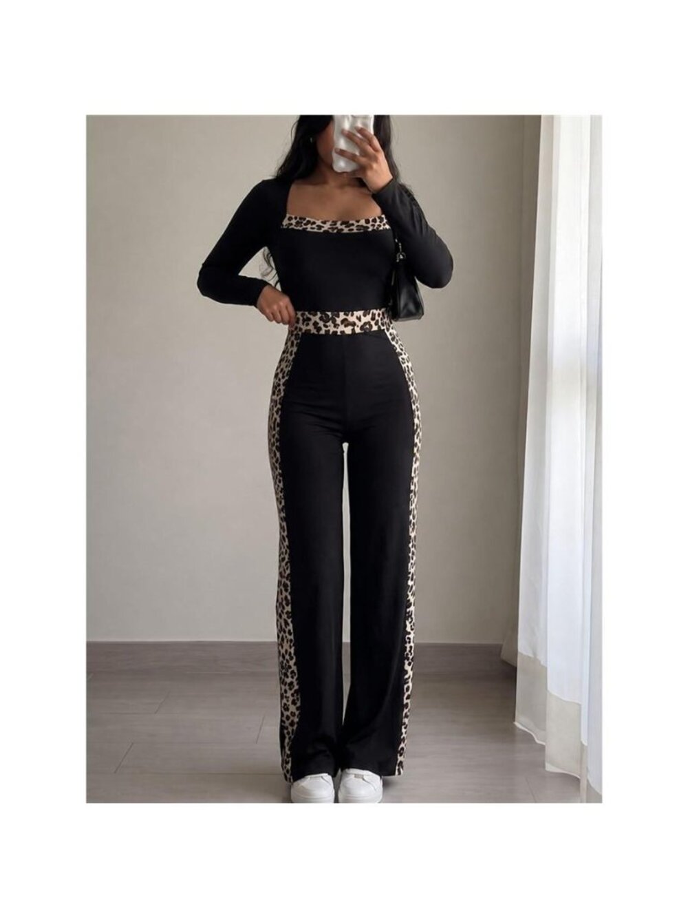 Leopard Trim Long Sleeve Jumpsuit